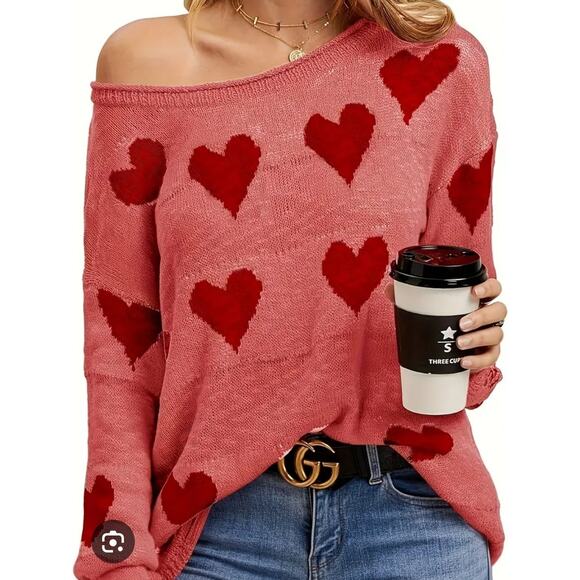 Pink Distressed Look Heart Loose Shoulder Knitted Long-sleeve Sweater Size L - Picture 1 of 7